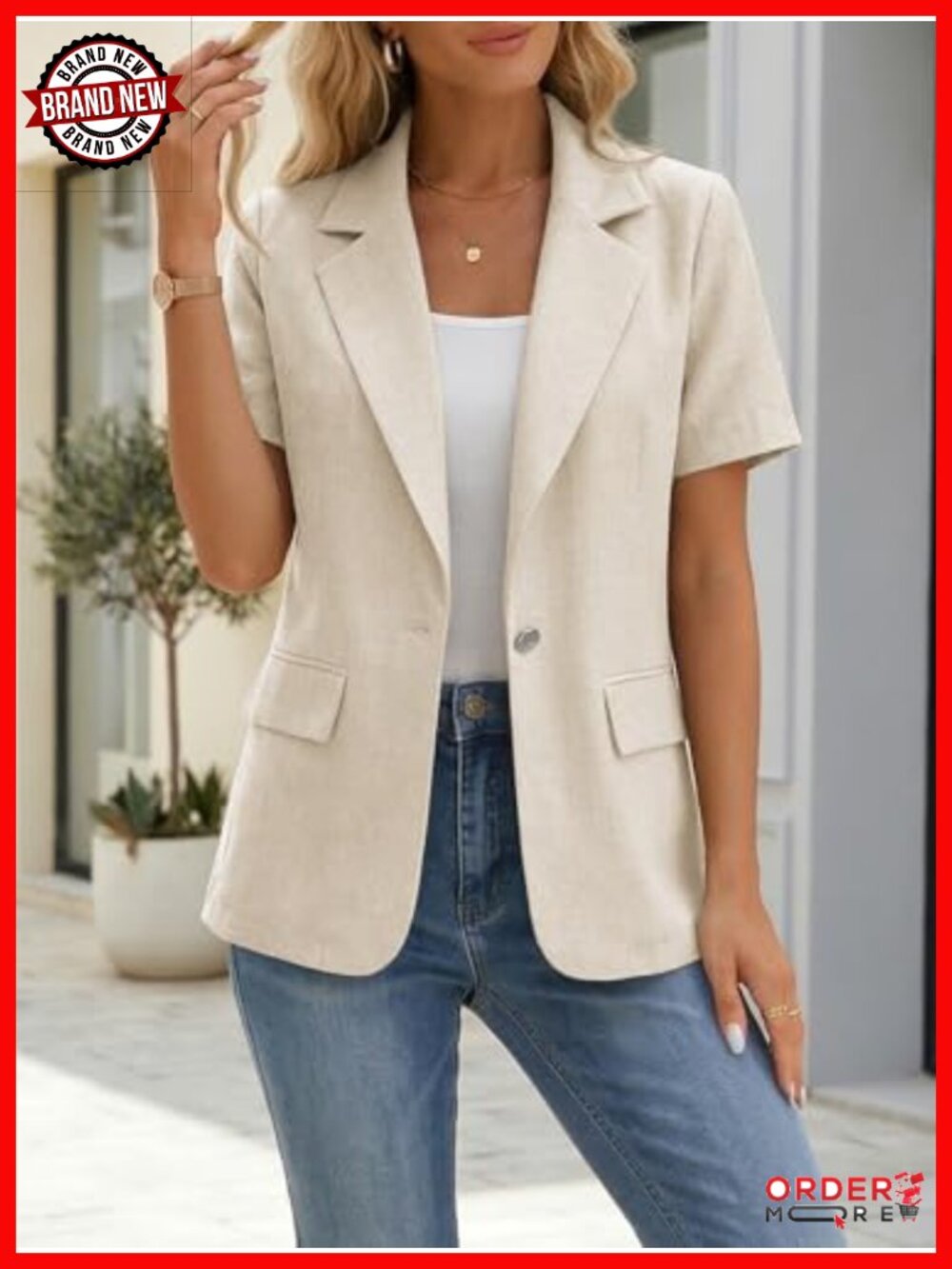 Short Sleeve Blazer - Full-Lined Open-Front Lightweight Casual Work Pocket - Picture 3 of 6